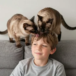a boy sitting on a sofa with a siamese cat on his head licking him realistic 3 5 mm hdr 8 k