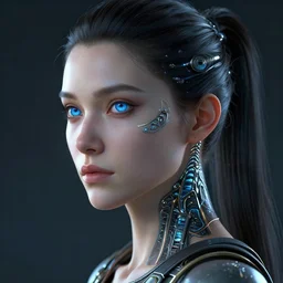 cyberpunk full shot, detailed face looking left 4 5 degree, very detailed, cgsociety, artstation, female, clean, symmetry, blue eyes, nice clothing, intricate, impossible beauty, golden ratio, eye implant bionic, ponytail, staring in the void, art by krenz cushart and artem demura and alphonse mucha