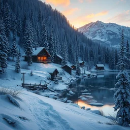 snowy rustic mountain village by a small frozen lake in a forrest in canadian mountains in the evening sun, iceicles, by philippe gare, artstation, greg rutkowski