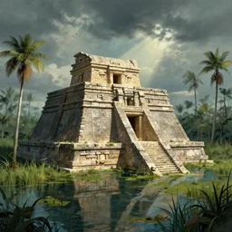a partially sunken aztec temple in the florida everglades, foreboding, in a historical illustration style