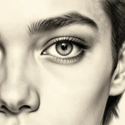 a well designed portrait of a lover, letter m in the middle of his eye, detailed, realistic, sketch style, artstation, greg rutkowski, 8 k resolution.