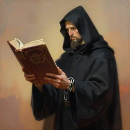 painting of a cloaked priest holding a massive book, book attached to his wrist with a chain, zdzislaw beksinski, lewis jones, mattias adolfsson, artgerm, cold hue's, warm tone gradient background, concept art, dramatic lighting, smooth, sharp focus, highly detailed, digital painting