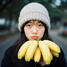 a banana with a wooly hat, 35mm photograph