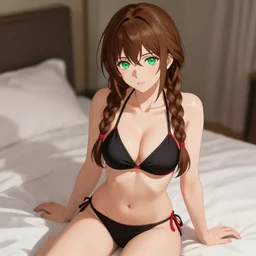 beautiful woman with braided brown hair and green eyes, sitting on her bed, wearing a bikini, black and red colors, highly detailed, in the style of and ilya kuvshinov and greg rutkowski, high quality anime artstyle, intricate