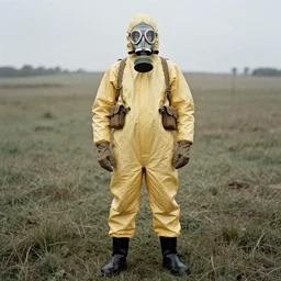 full body shot of a man in a anti-radiation hazmat suit and gasmask, ww1 film photo, grainy, high detail, high resolution