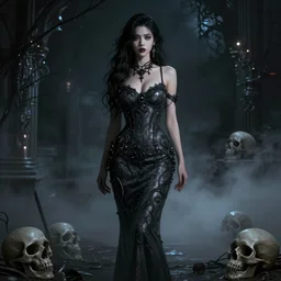character concept art of a beautiful female in a curvy long dress facing camera, by night, ultra intricate details, omnious style, volumetric light and fog, skulls