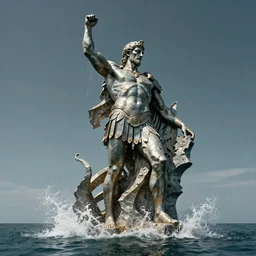 a giant abstract sculpture of a legendary greek warrior god on the water, in the style of paige bradley, award winning, cinematic, hyper - realistic, very detailed, realistic water splashes, ray tracing, 8 k resolution, long - shot, sharp focus, low angle, 8 5 mm photograph, wide lens