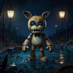 creepy ruined abandoned fnaf character, fnaf animatronic rising from the lagoon at night, creepypasta, lamps in the night sky