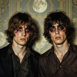 two handsome but horrifying young men in layers of fear, with haunted eyes and wild hair, 1 9 7 0 s, seventies, wallpaper, a little blood, moonlight showing injuries, delicate embellishments, painterly, offset printing technique, by john howe, brom, robert henri, walter popp