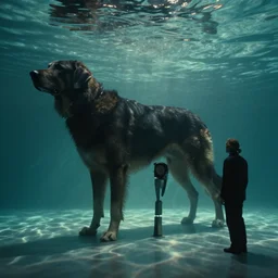 the giant dog, liminal space, water caustics, film still from the movie directed by denis villeneuve and david cronenberg with art direction by h. r. giger and ed emshwiller, wide lens
