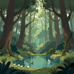 forest with twisting fantasy tress  and pond with birds, Digital Matte Illustration by asher brown durand