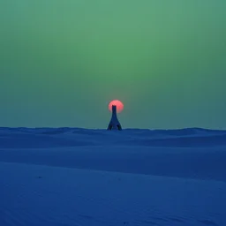 twilight on a blue desert, organic tower in the middle distance, green tinged sky with a red sun