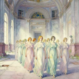 a procession of woman in an abandoned soviet temple, watercolor by ivan biblin, by hammershøi, art noveau, highly detailed, lights by edward hopper, liminal, eerie, bright pastel colors