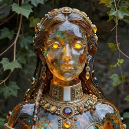 detailed portrait, cosmopolitan priestess, molten glassworks face sculpted features, sunstone eyes, statuesque, glass skin, fiberglass hair, high collar, opulent, encrusted, jewel, refractions, chiaroscuro, organic impressionism, vine backdrop, natural colors, octane render