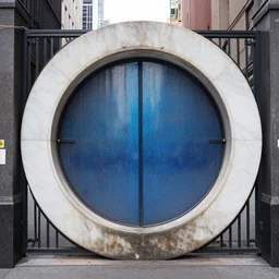 circular marble gate perpendicular and fuzed to the ground containing a blue shimmering portal in the middle of a decaying times square, 3 5 mm, f / 1 6
