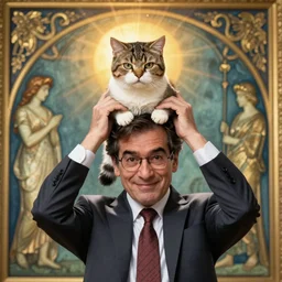“ george costanza from seinfeld holding grumpy cat above his head, holy light, art nouveau, by alphonse mucha ”
