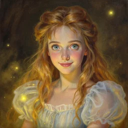 breathtaking detailed painting of luna lovegood princess, by rhads, makoto shinkai and lois van baarle, gauze dress and fireflies in golden mists, happy piercing eyes, detailed realistic facial features, amalgamation of magical stars, 8 k, concept art, matte, sharp focus, rembrandt style