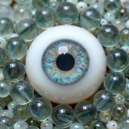 eyeball surrounded by tightly packed glass marbles and bath beads