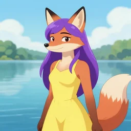 an anthropomorphic fox girl with purple hair wearing a simple yellow sundress, she has a pronounced snout and two pointed black ears, beautiful lake background, illustration by greg rutkowski, thomas kindkade, loish, artstation, furaffinity, deviantart