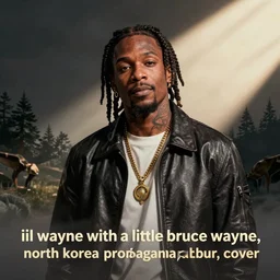 “ lil wayne with a little bruce wayne, north korean propaganda poster, album cover ”