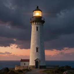 lighthouse during a storm at sunset, intricate, elegant, highly detailed, digital painting, artstation, concept art, smooth, sharp focus, illustration, art by artgerm and greg rutkowski and alphonse mucha, 8 k