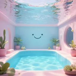 liminal basement with pool, underwater, happy, pastel colours, octane render