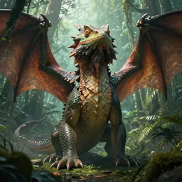 Beautiful 28mm macro headshot of a A very very huge  massive giant fantasy one headed Chinese water bearded dragon middle of a jungle, huge open wings, dragon, art, in the style of greg rutkowski, illustration, epic, fantasy, intricate, hyper detailed, artstation, concept art, rim lighting, elder scrolls, unreal, smooth, sharp focus, ray tracing