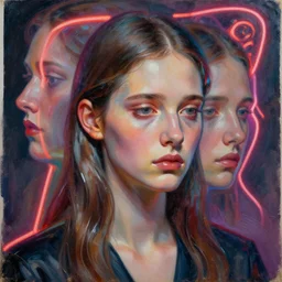 3 d, close - up, sad fashion model, glass, neon, poster art, intricate oil painting, high detail, figurative art, multiple exposure, poster art, 3 d, by stanley kubrick and tooth wu and wlop and beeple