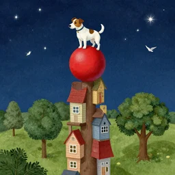 jack russel dog climbing!!!! tall structure built from a red ball a house and a tree, birds eye view, surrounded by stars, at night time, stars, illustrated by beatrix potter and wayne barlow