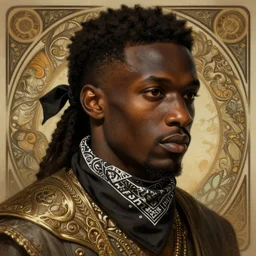 Ansu Fati wearing a bandana, closeup, D&D style, fantasy, intricate, elegant, highly detailed, digital painting, artstation, concept art, matte, sharp focus, illustration, art by Artgerm and Greg Rutkowski and Alphonse Mucha