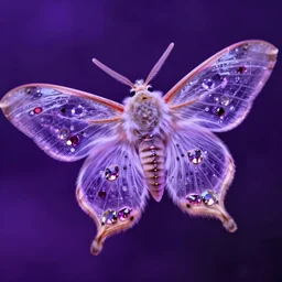 high quality close-up photo translucent furry moth! jeweled gorgeous! highly detailed david ligare elson peter cinematic purple neon lighting high quality low angle hd 8k sharp shallow depth of field