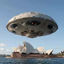 A photo looking up at a large alien spaceship over Sydney in Australia, 4K