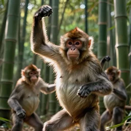 cinematography closeup portrait of monkeys dancing in a bamboo forest, natural light by Emmanuel Lubezki