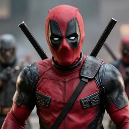 realistic photograph of a rugged deadpool in the middle of battle, highly detailed, cinematic, portrait, close - up,