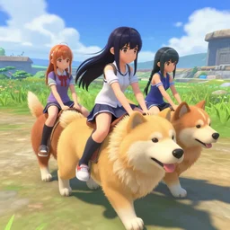 screenshot from a 3 d video game about anime girls riding giant dogs