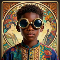 colourful vfx upper half - 3 d portrait - art of a nigerian boy wearing steam punk goggles, art by utagawa kunisada, james jean & alphonse mucha, symmetrical, intricate detail, concept art, volumetric atmospheric light, ray tracing, digital illustration, octane render, 2 d - 3 d hybrid, unreal engine, sharp, pinterest, behance, art station,
