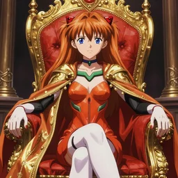regal Asuka Langley Sohryu from neon genesis evangelion sitting on queens throne royalty wearing royal mantle gold jewelry by alex ross