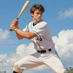 portrait of a young baseball player, playing a baseball, blue sky and white clouds, male, gorgeous, red eyes, peaceful expression, detailed face, amazing, thighs, the feeling of summer, intricate, highly detailed, digital painting, artstation, concept art, sharp focus, illustration, art by greg rutkowski and alphonse mucha