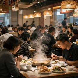 busy chinese restaurant during dinner, photography, realistic, soft lighting, high detail, volumetric lighting