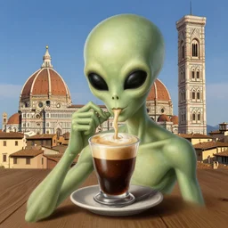alien drinking espresso in florence italy, airbrush, 4 k, ultra detailed, rule of thirds.