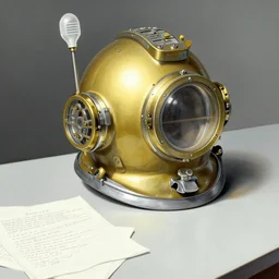 scientific illustration of an old diving helm on a table researcher notes, by tony diterlizzi