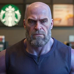 thanos working at starbucks, symmetrical facial features, hyper realistic, 4 k, rule of thirds, extreme detail, detailed drawing, trending artstation, hd, smoke explosion, trading card, by alphonse mucha, greg rutkowski, sharp focus, backlit