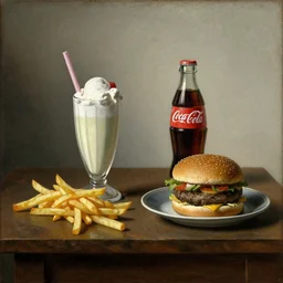 Dutch Still Life from the 1600s, old oil painting: Table with milkshake, coca cola, french fries, hamburger, ice cream