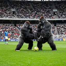 gorillas playing a soccer in a stadium full of people, vivid