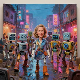 stylish caricature art of robots in a bustling neon lit wet ajegunle slum in nigeria, photographed by vivian maier, unreal engine 3 d vfx render, digital illustration by mike winkelmann, intricate detail, sharp, volumetric light, ray tracing, soft light, colourful, claymation, wide angle lens, acrylic on canvas, cinestill 8 0 0 t,