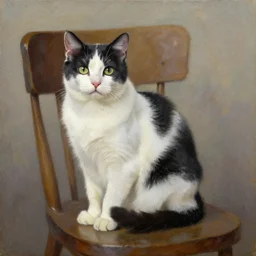 a back and white cat sitting on a chair portrait oil painting -4