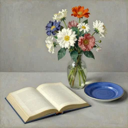 still life with open book, flowers in vase, and blue plate by felix vallotton,