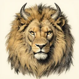 a creature with the eyes of a man, beak of an eagle, no nose, the mane of a lion, two horns on the head. drawn by tim hildebrandt