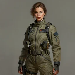 epic professional digital portrait art of woman wearing airforce jumpsuit, digital painting by iris van herpen, artstation, cgsociety, wlop, epic, much wow, much detail, gorgeous, detailed, cinematic, masterpiece