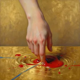 abstract oil matte portrait painting, hand submerged in a golden acrylic liquid, red dollops, blue strains, wonderful masterpiece highly detailed, beautiful cinematic light deep focus, elegant, smooth, sharp focus, golden ratio, dramatic illumination, ultra realistic, 8 k, art by kristina alisauskaite and caravaggio